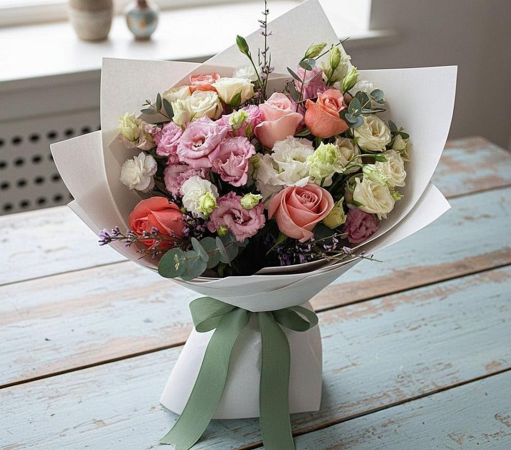 Букет цветов из: Розы, Лизиантусы и Гвоздики в Рассказово