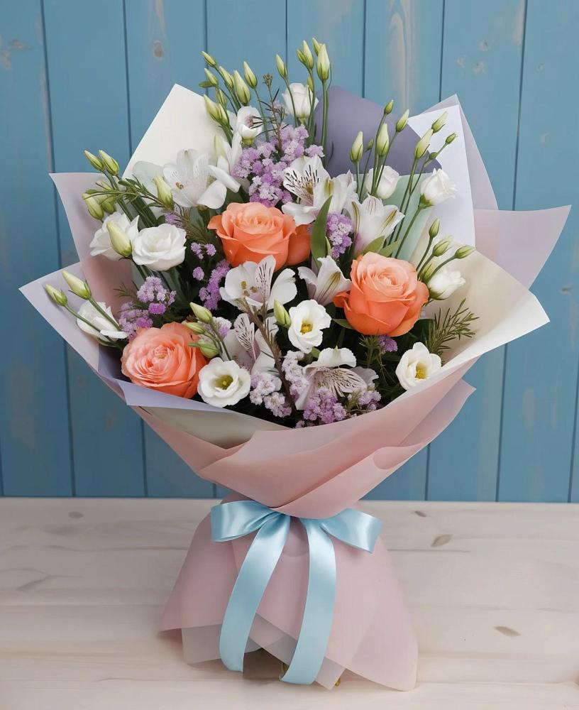 Букет цветов из: Лизиантусы, Розы, Альстромерии и Гипсофила в Рассказово