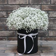 Цветочная композиция из Гипсофила в шляпной коробке в Рассказово